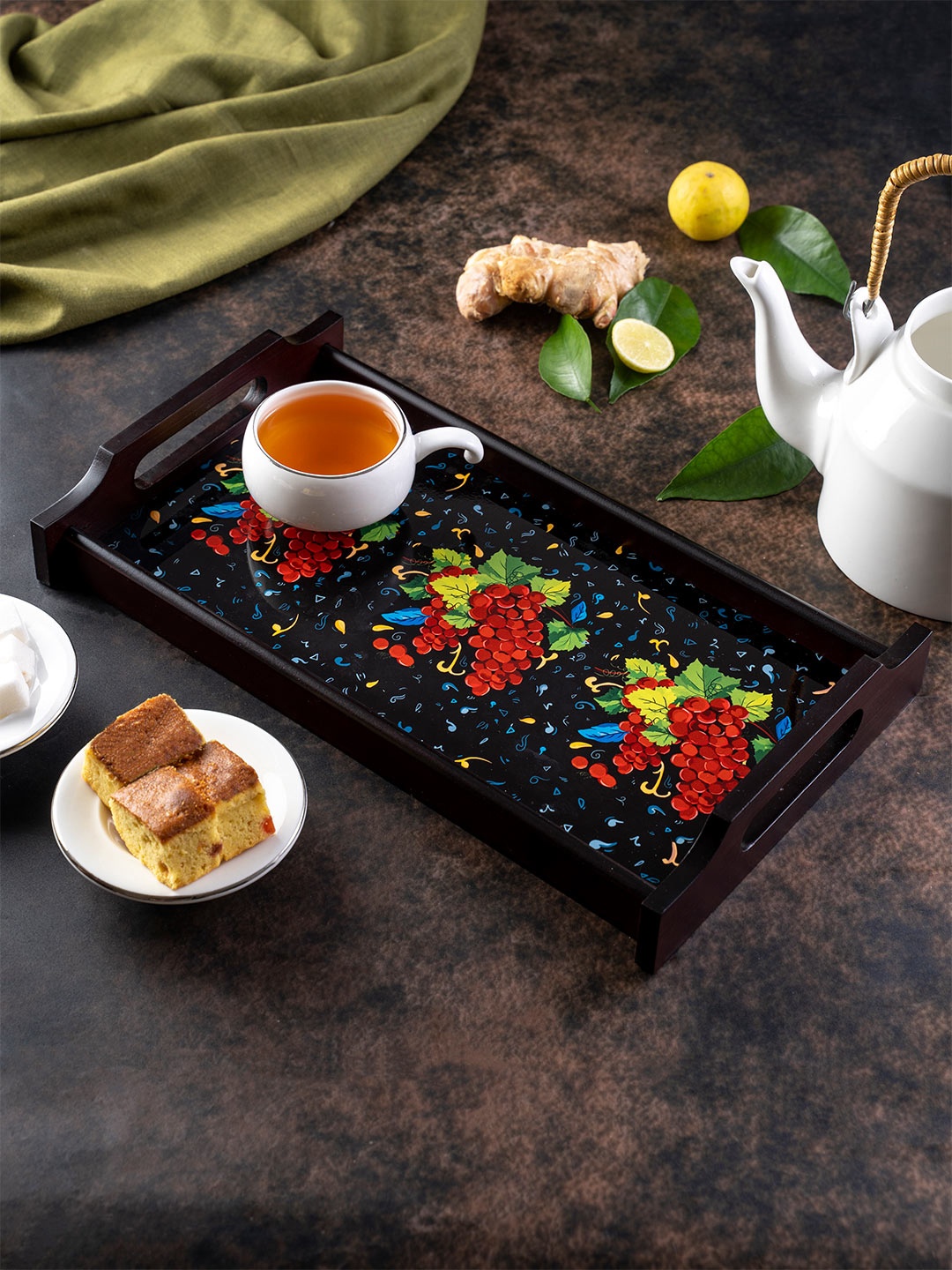 

KOLOROBIA Black & Red Blushing Grapes Print Large Wooden Tray