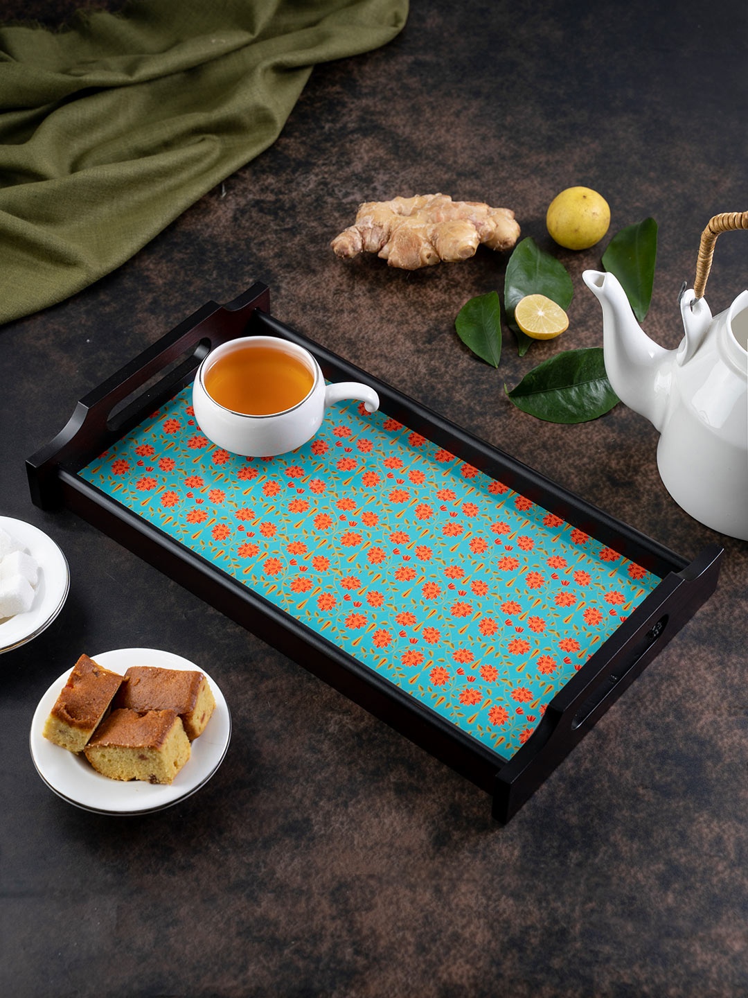 KOLOROBIA Blue & Orange Printed Babur Large Wooden Tray