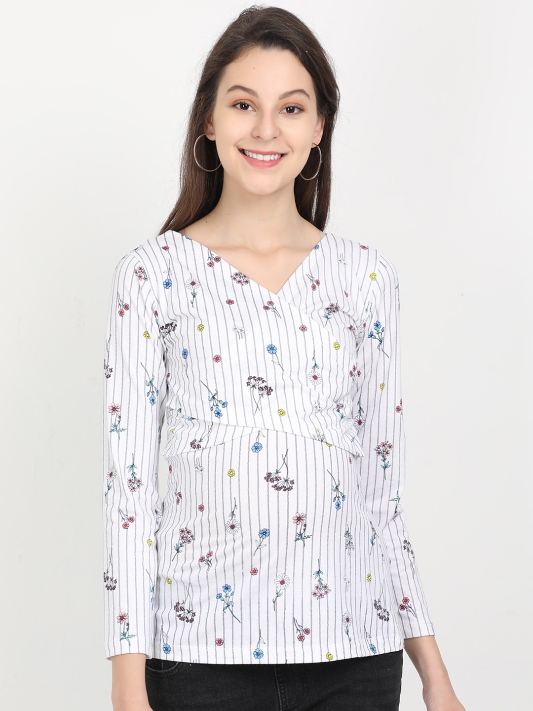 

The Mom Store Women White Printed Wrap Maternity Top