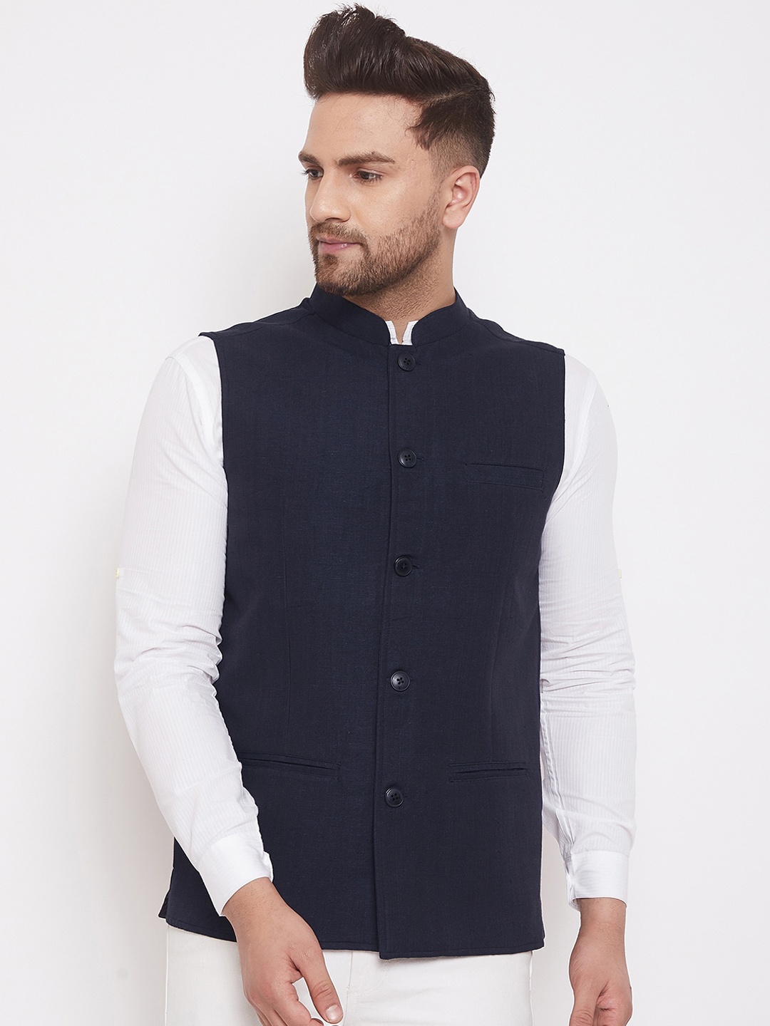 

even Men Navy Blue Solid Woven Nehru Jacket
