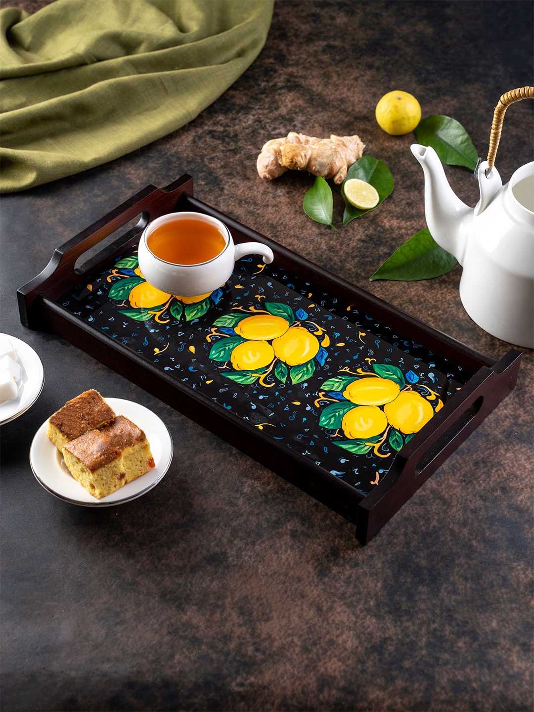 KOLOROBIA Black & Yellow Printed Zesty Lemons Large Wooden Trays