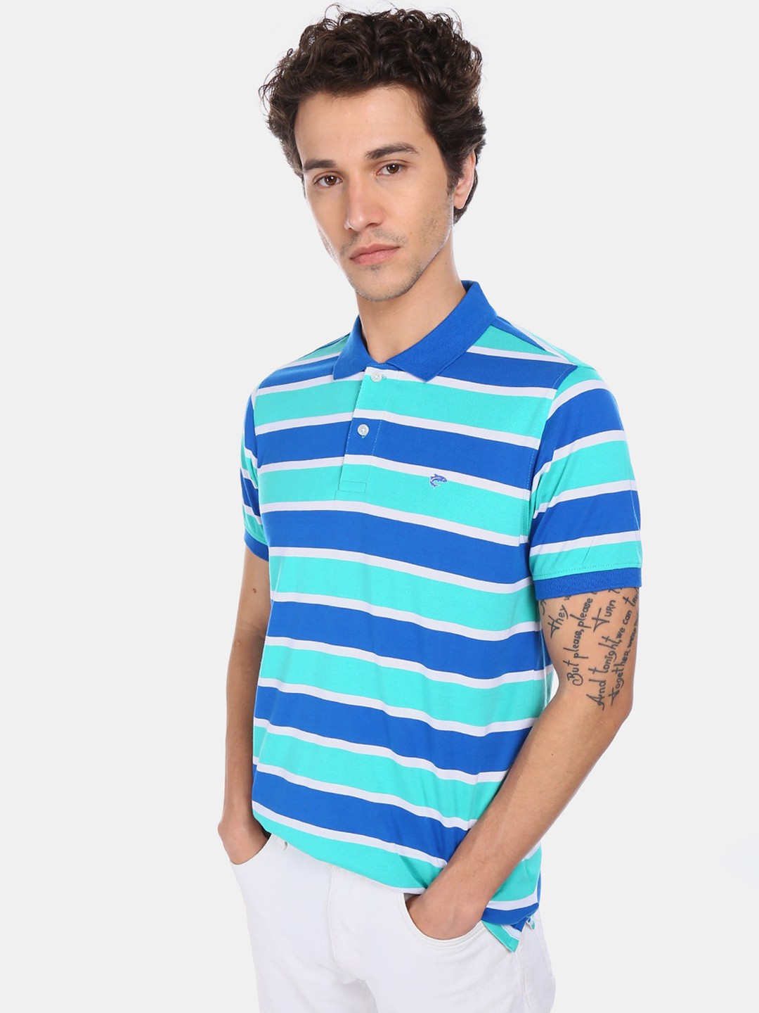 

Ruggers Men Blue Striped Polo Collar T-shirt