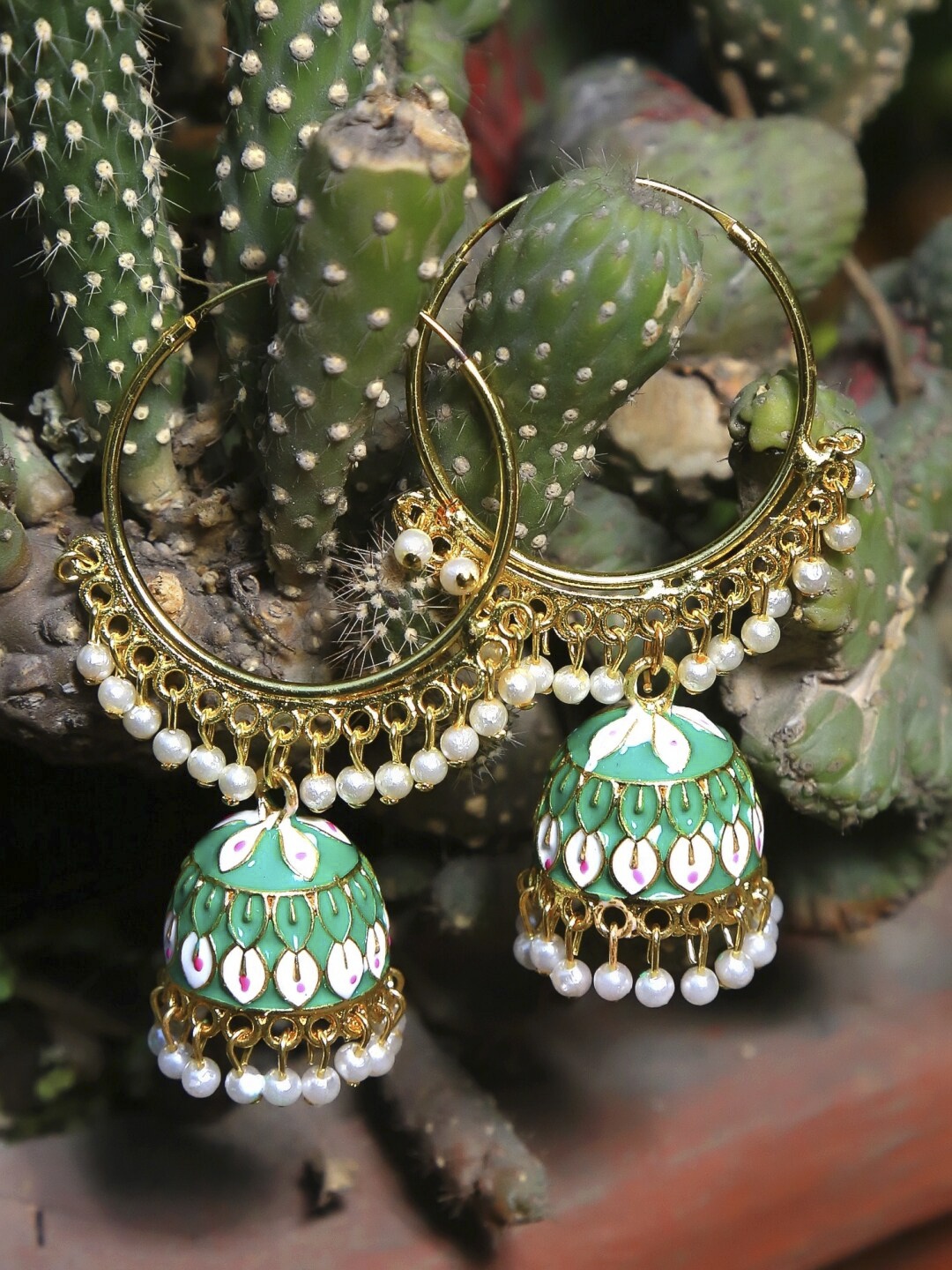 

Crunchy Fashion Green & Gold-Plated Dome Shaped Jhumkas