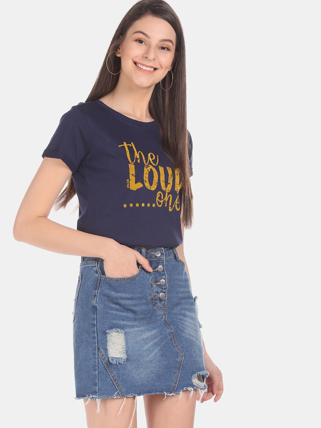 

Sugr Women Navy Blue Printed Round Neck Pure Cotton T-shirt