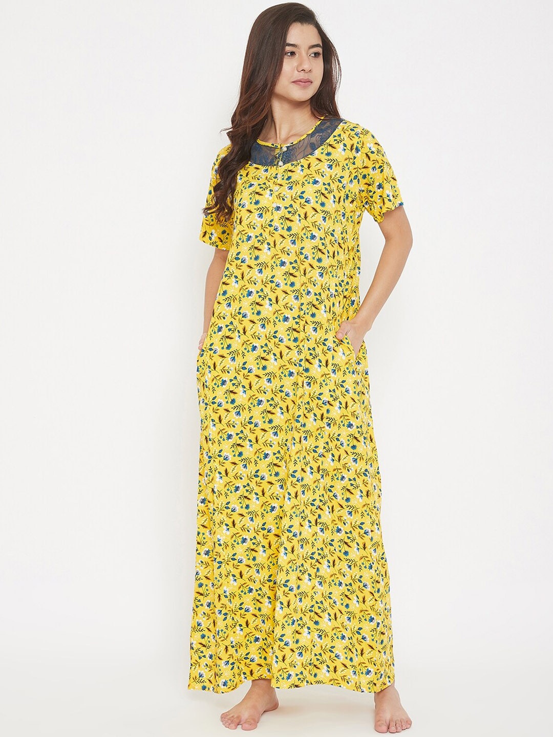 

The Kaftan Company Women Yellow & Blue Floral-Print Nightdress