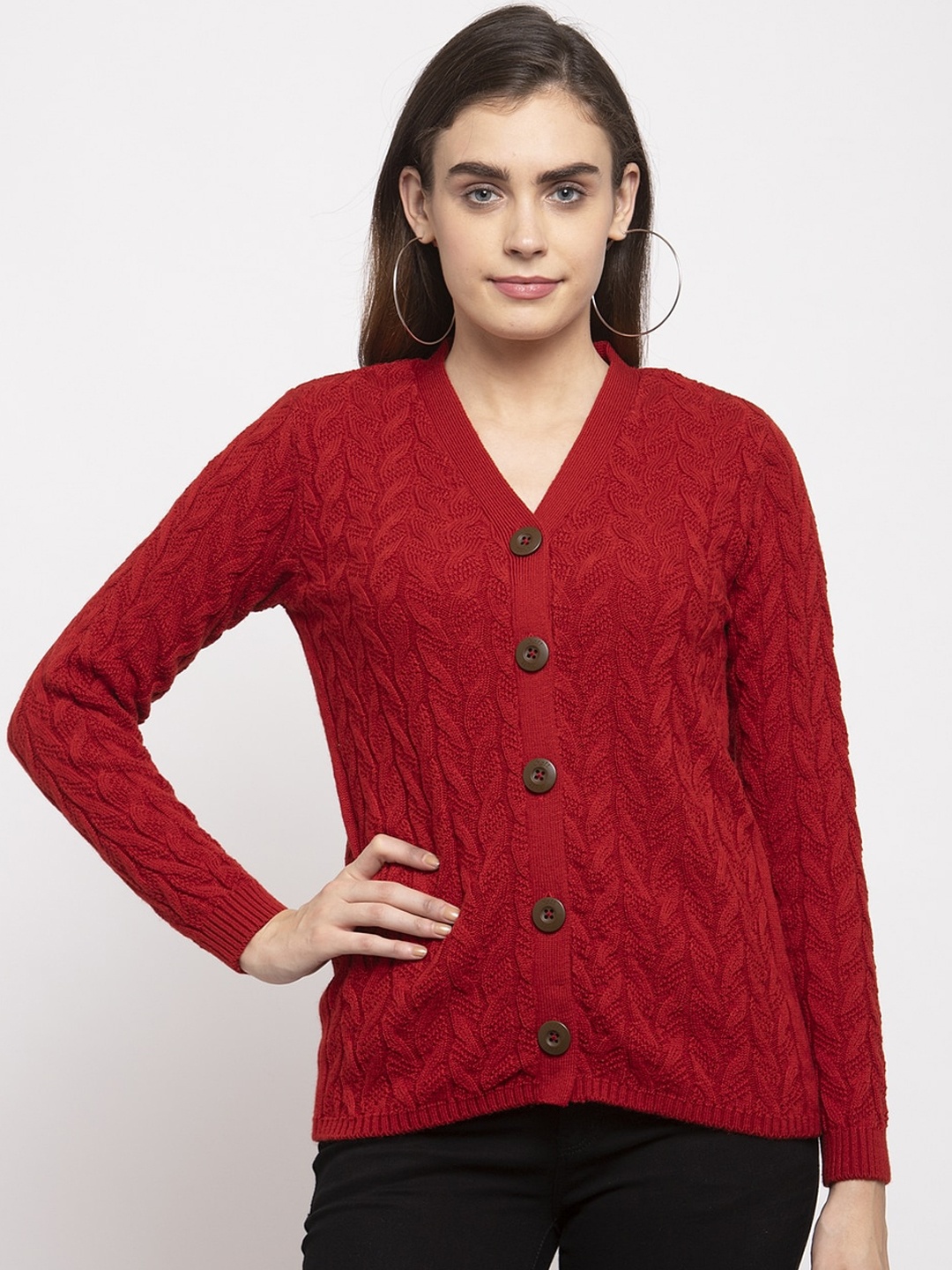 

Kalt Women Red Self Design Cardigan