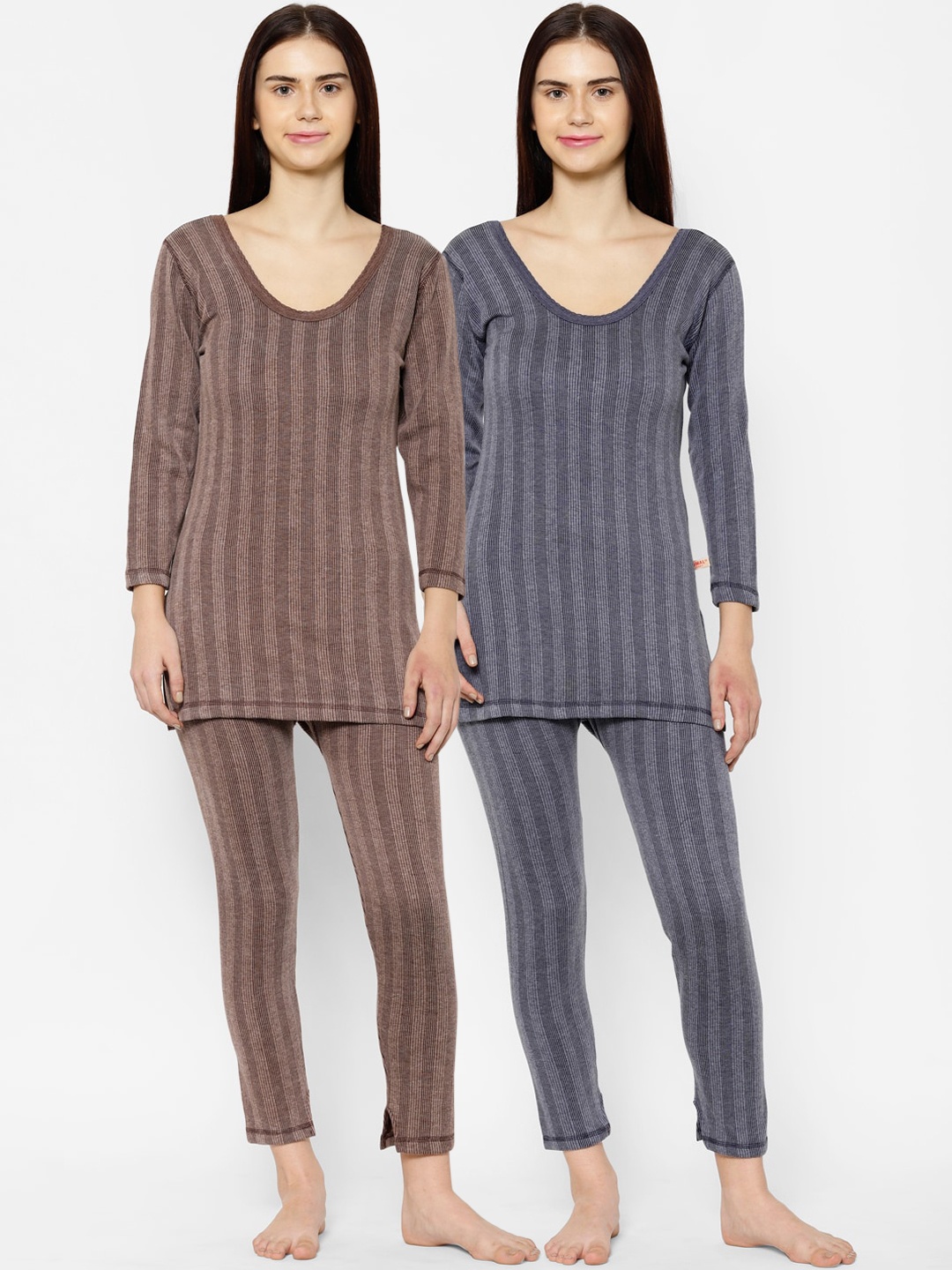 

VIMAL JONNEY Women Pack Of 2 Striped Thermal Sets, Grey