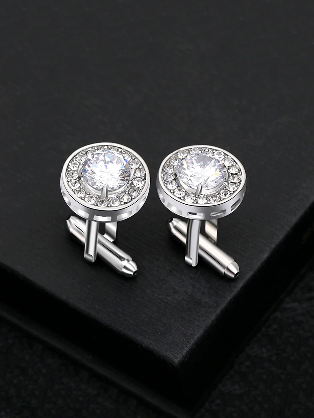 

Yellow Chimes Men Rhodium-Plated Silver-Toned & White Crystal Embellished Cufflinks