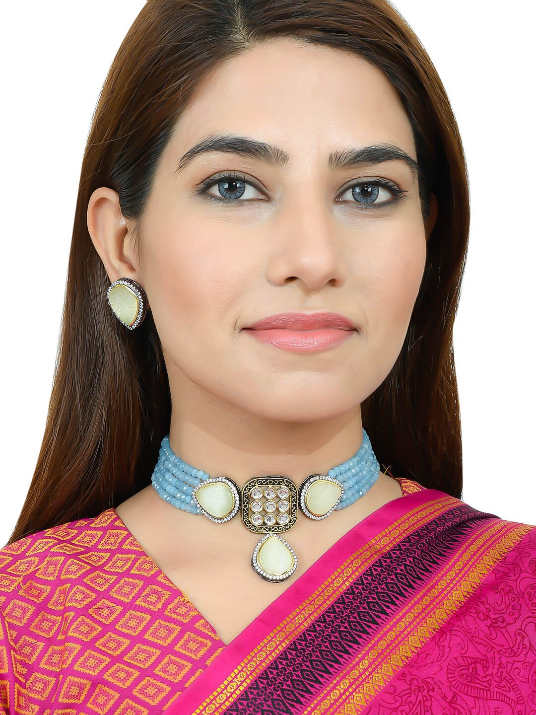 

Silvermerc Designs Gold Plated Blue Stone Studded Jewellery Set