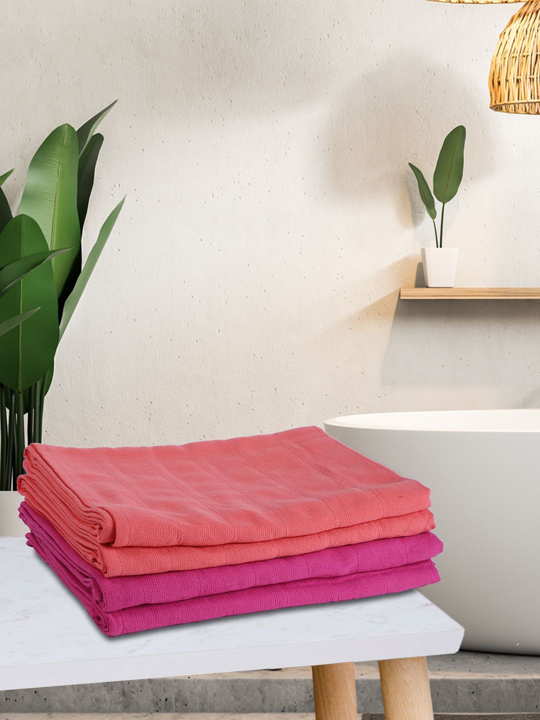

KOPA LORENA Unisex Set Of 4 Solid 100% Cotton 300 GSM Terry Bath Towels, Coral