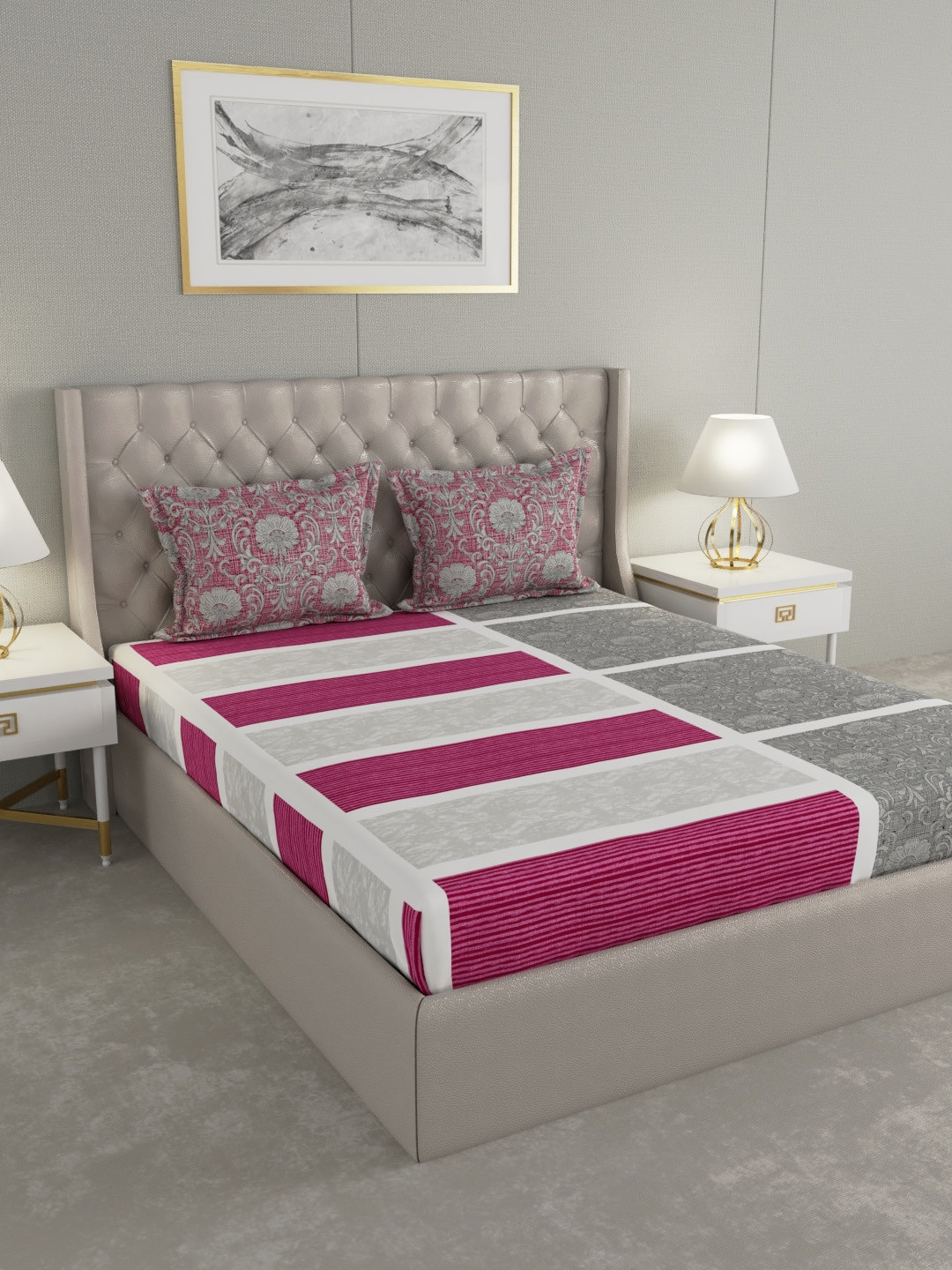 

Raymond Home White & Pink Geometric 144 TC Cotton 1 King Bedsheet With 2 Pillow Covers