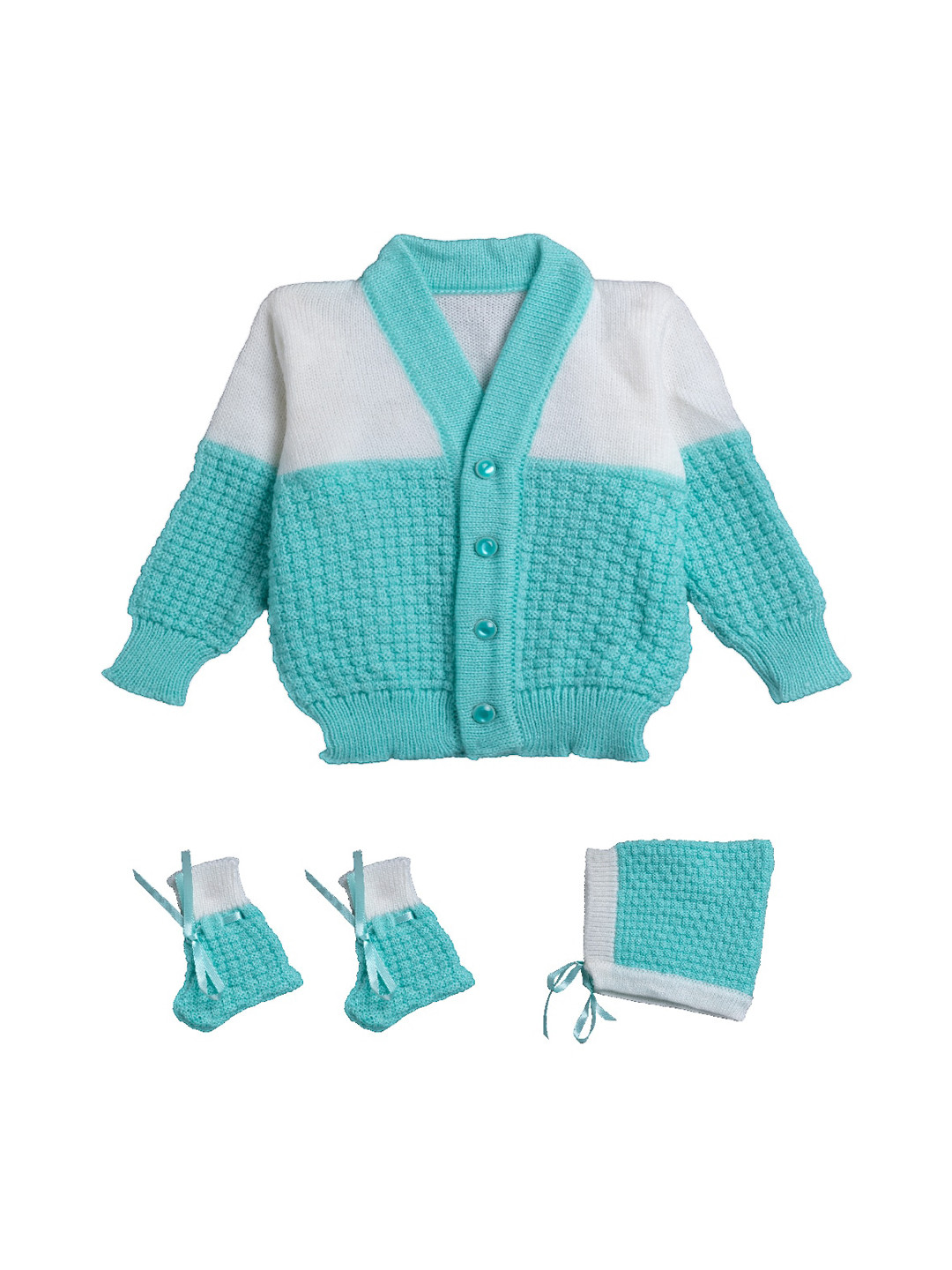 

Little Angels Infant Kids Teal Blue & White Colourblocked Acrylic Cardigan Sweater Set