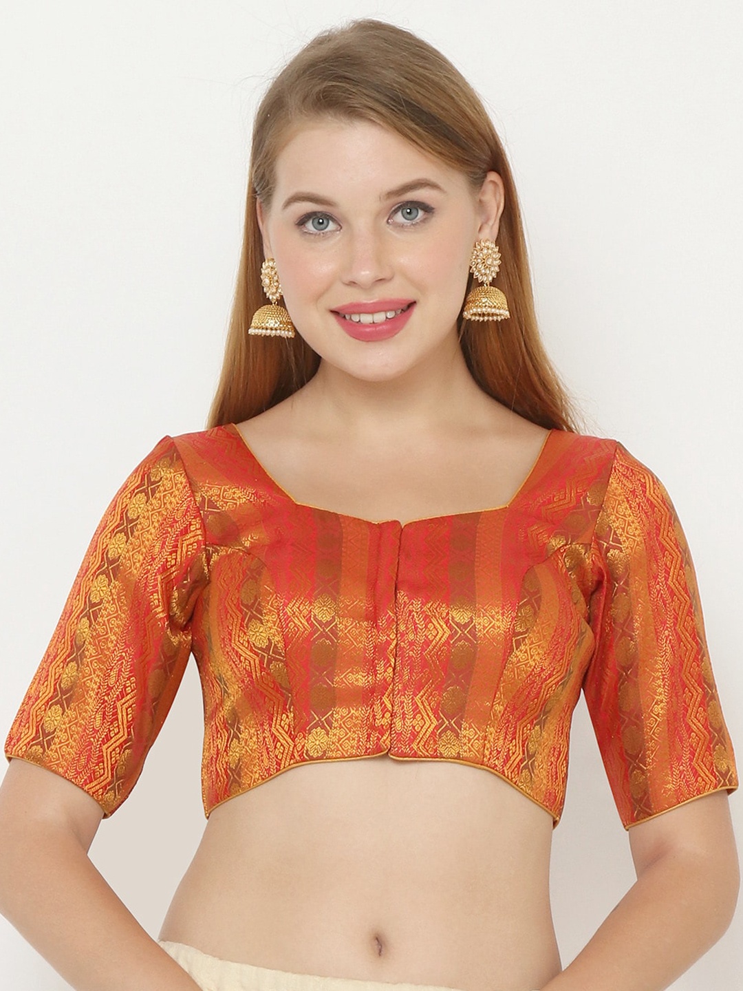SALWAR STUDIO Women Red Printed Padded Jacquard Saree Blouse