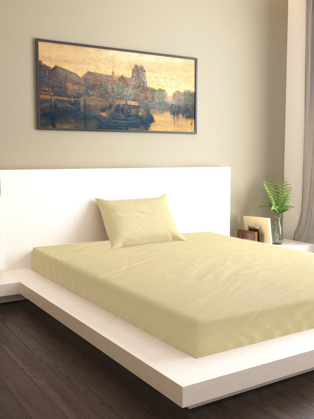 

MARK HOME Cream-Coloured Solid 200 TC Cotton Single Bedsheet With Pillow Cover