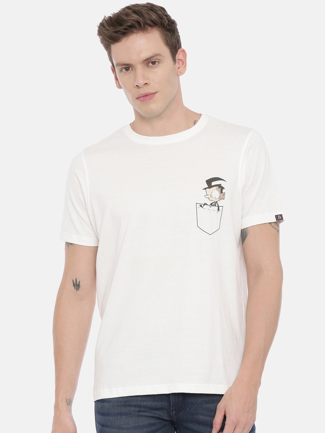 

Bushirt Men White Printed Round Neck T-shirt