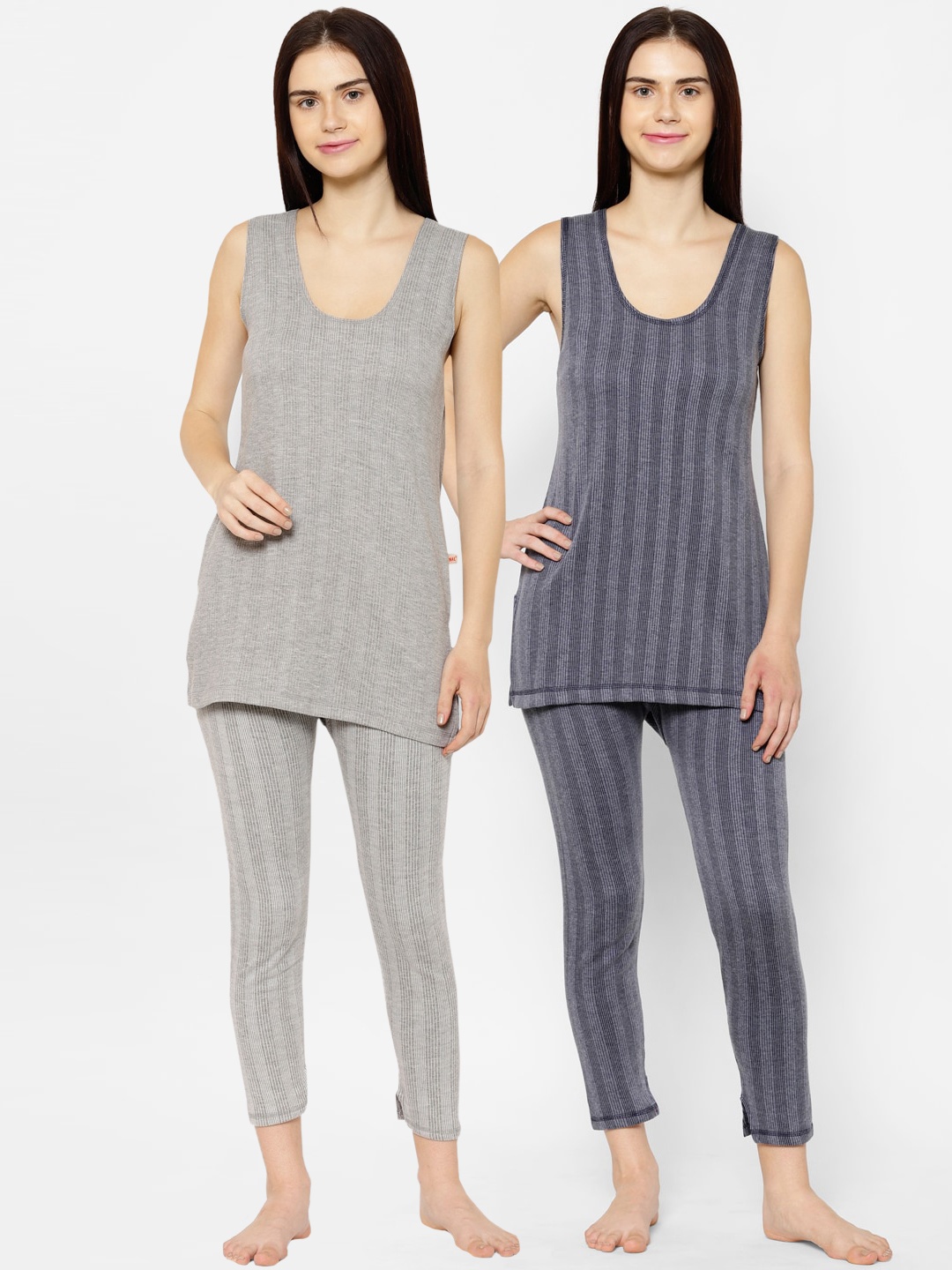 

VIMAL JONNEY Women Pack Of 2 Striped Thermal Sets, Grey