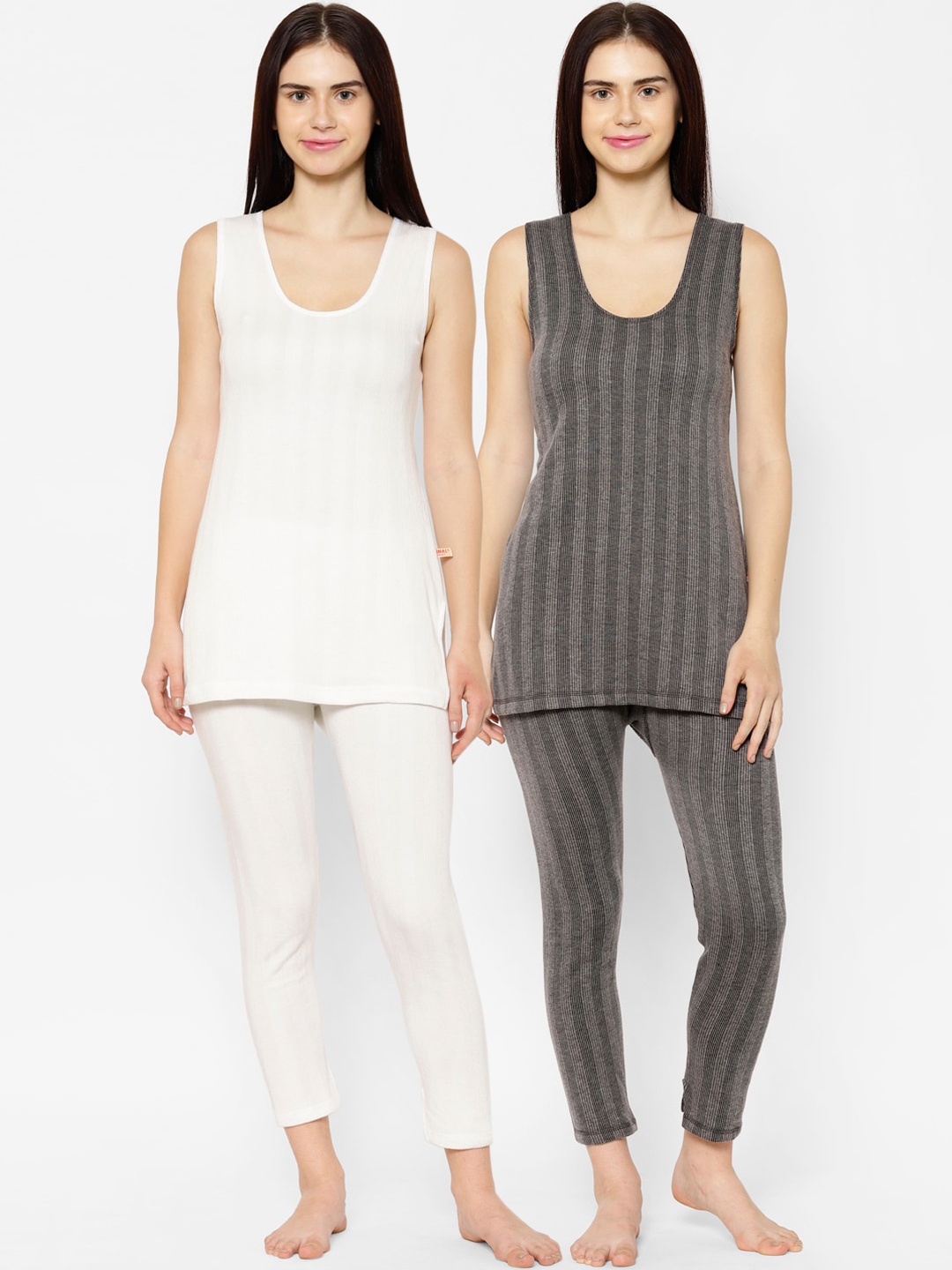 

VIMAL JONNEY Women Pack Of 2 Striped Thermal Sets, White