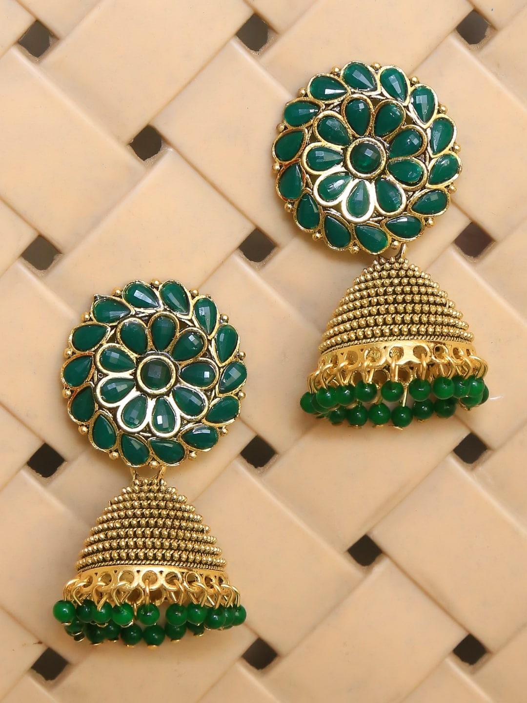 

Crunchy Fashion Green & Gold Stone Studded Dome Shaped Jhumkas