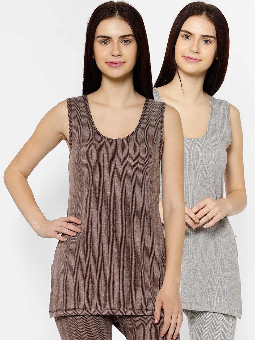 

VIMAL JONNEY Women Pack Of 2 Grey & Brown Striped Thermal Tops