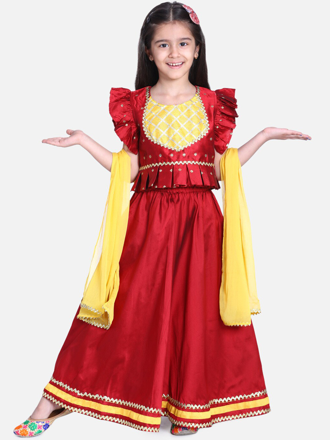 

BownBee Girls Red & Yellow Embellished Ready to Wear Lehenga & Blouse with Dupatta