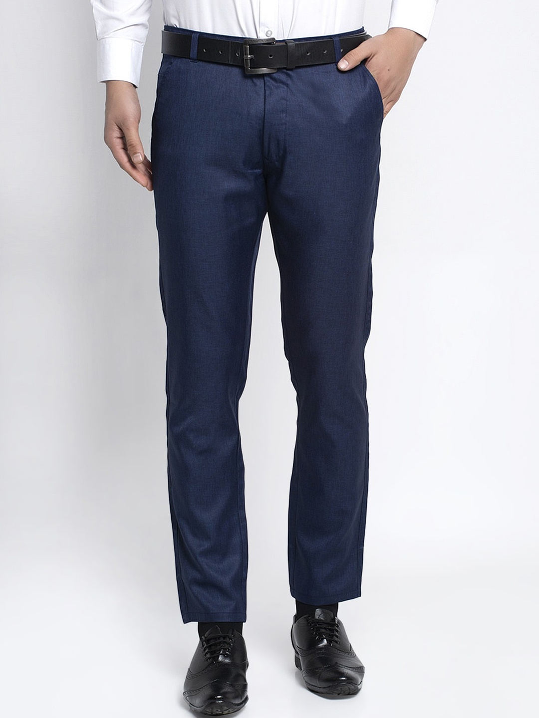 

JAINISH Men Navy Blue Slim Fit Self Design Formal Trousers