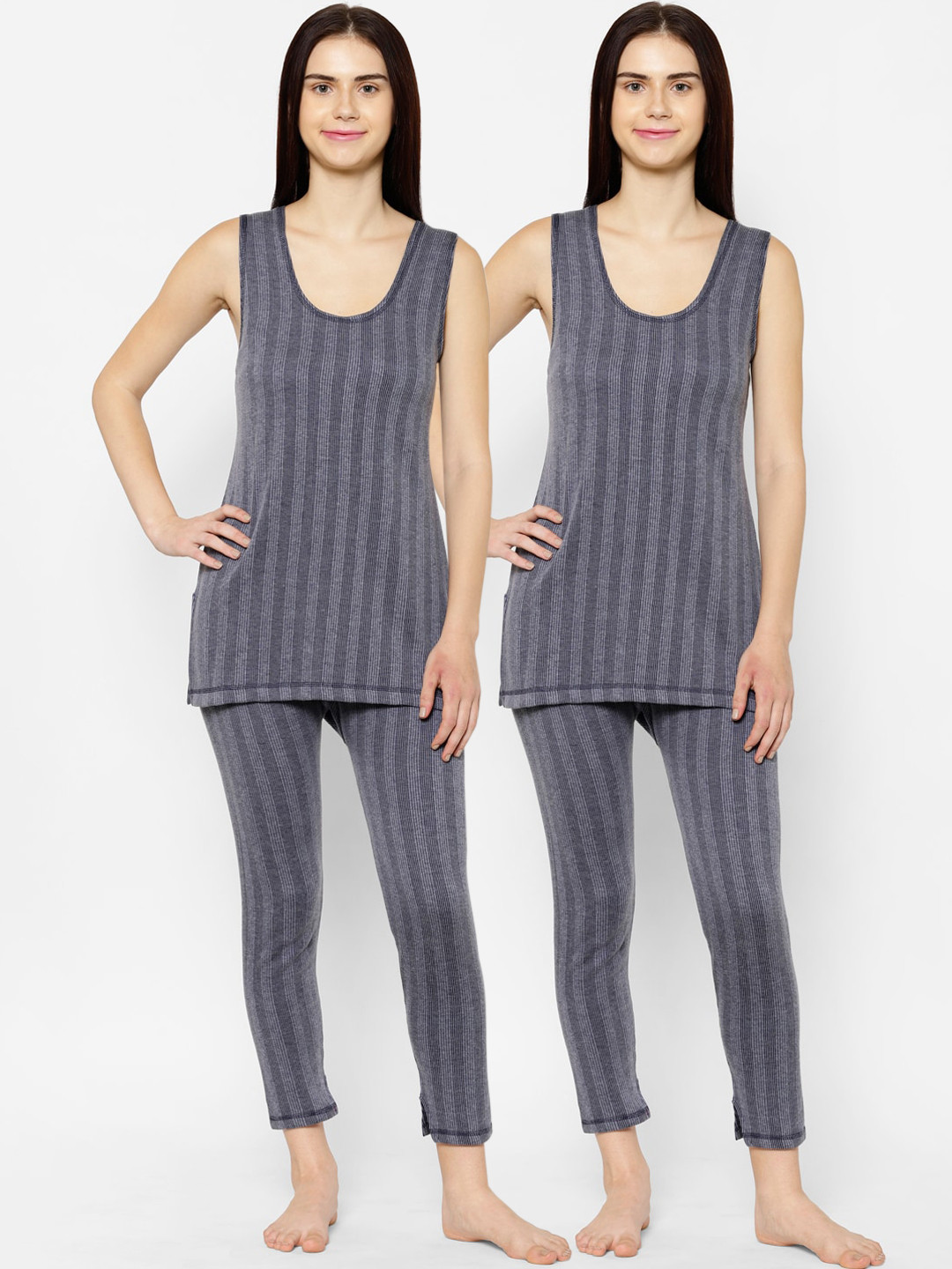 

VIMAL JONNEY Women Pack Of 2 Navy Blue Striped Thermal Sets