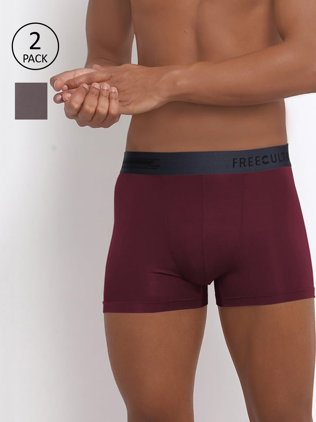 

FREECULTR Men Pack Of 2 Solid Anti-Bacterial Trunks, Grey