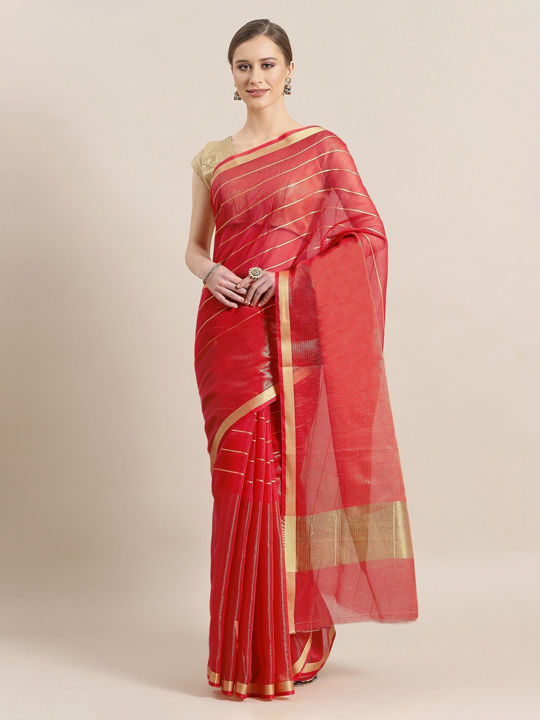 

Chhabra 555 Red & Red Checked Chanderi Saree