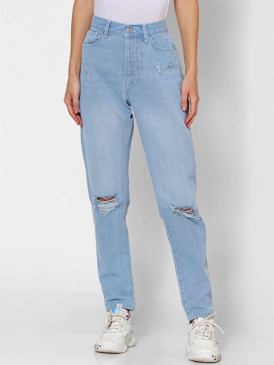 

FOREVER 21 Women Blue Regular Fit Mid-Rise Slash Knee Jeans