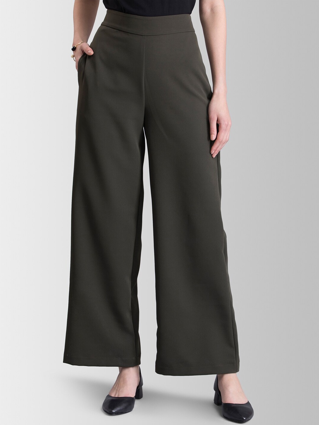 

FableStreet Women Olive Green Loose Fit Parallel Trousers