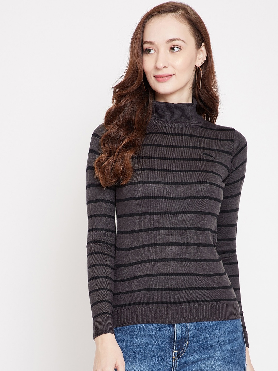 

JUMP USA Women Acrylic Grey & Black Striped Pullover Sweater