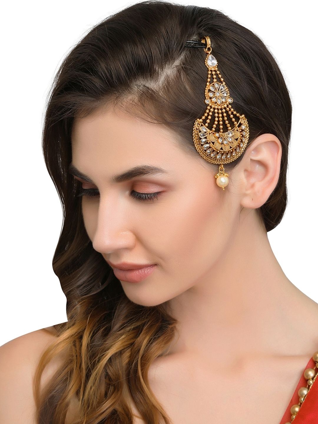 

AccessHer Gold-Plated White Kundan-Studded Antique Chandbali-Shaped Jhumar Passa