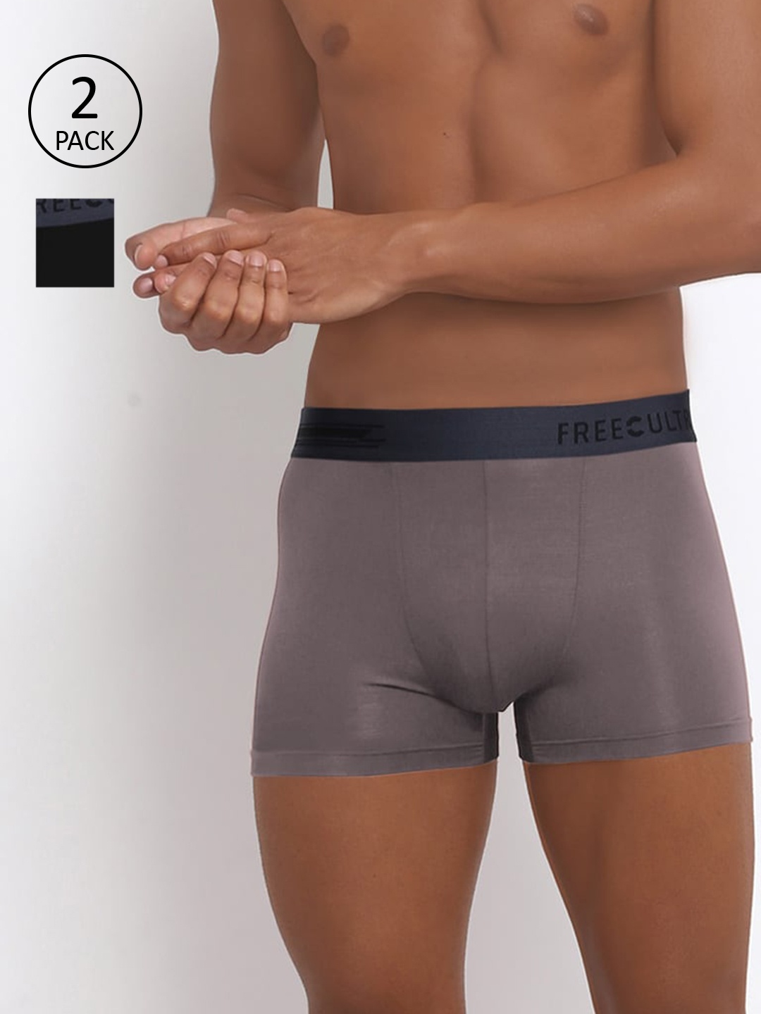 

FREECULTR Men Pack Of 2 Solid Anti-Bacterial Trunks, Black