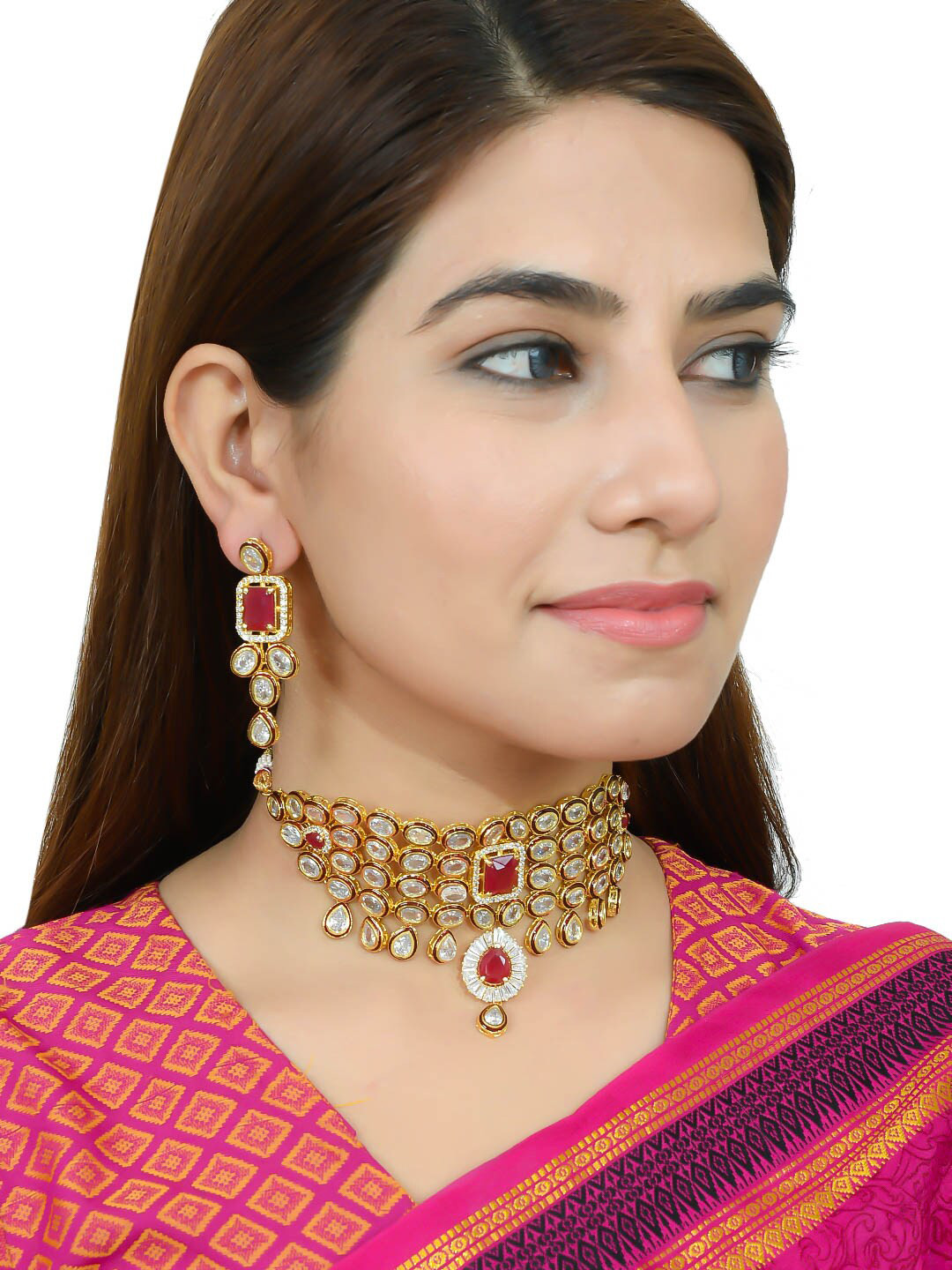 

Silvermerc Designs Gold-Plated Pink & White AD Studded Choker Jewellery Set