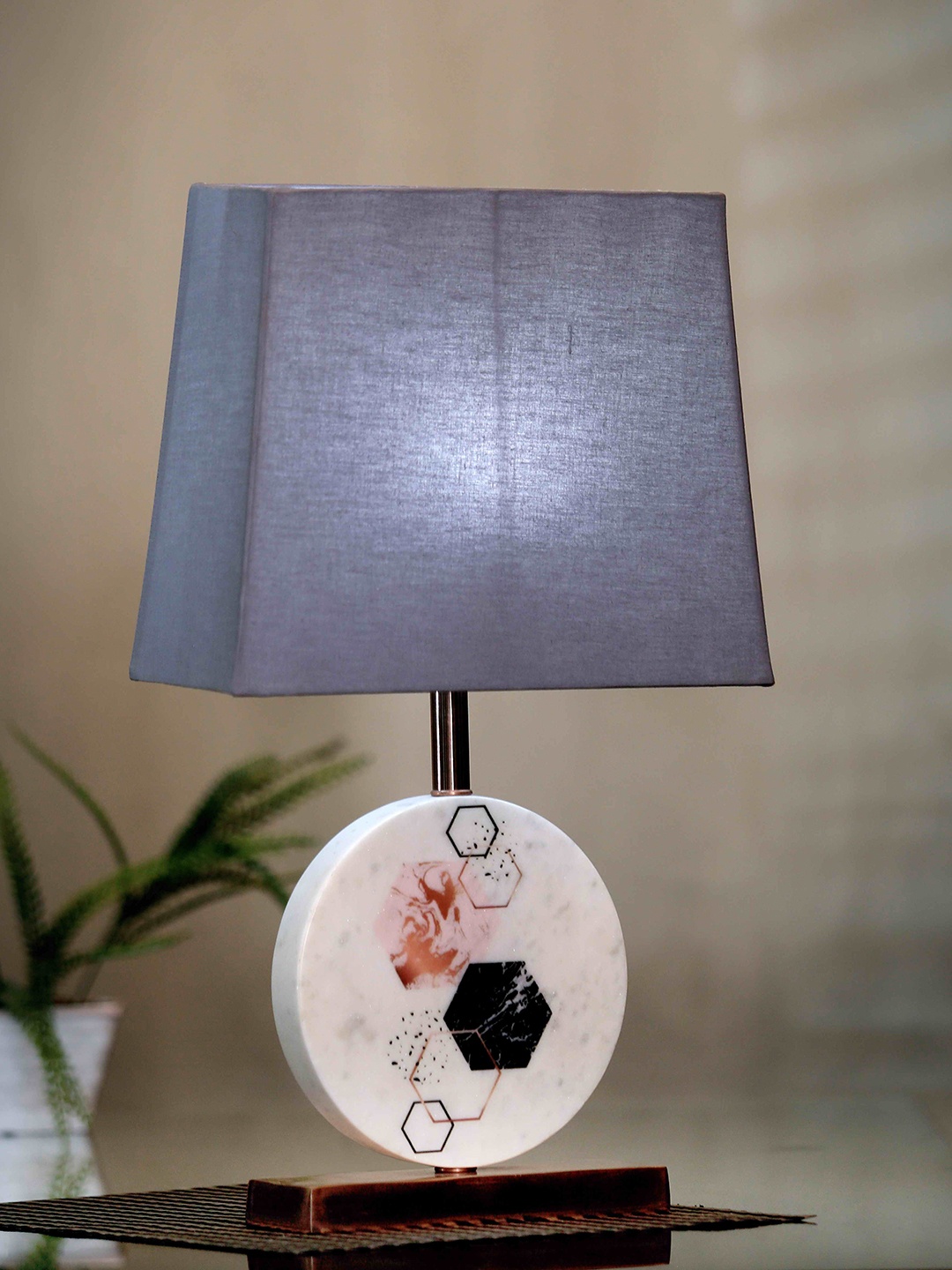 

POSH-N-PLUSH Grey Marble Bedside Standard Table Top Lamp with Shade