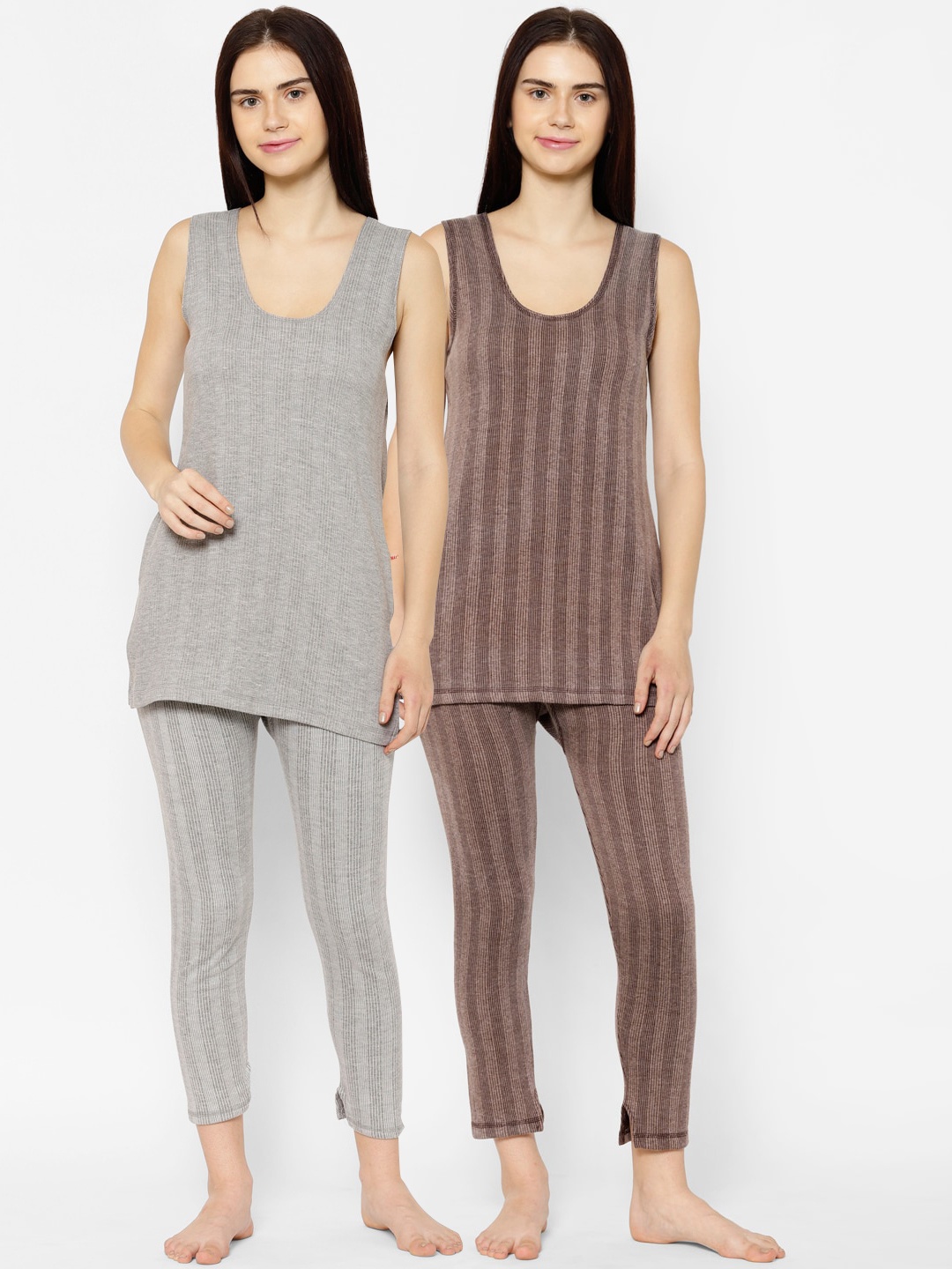 

VIMAL JONNEY Women Pack Of 2 Striped Thermal Sets, Brown