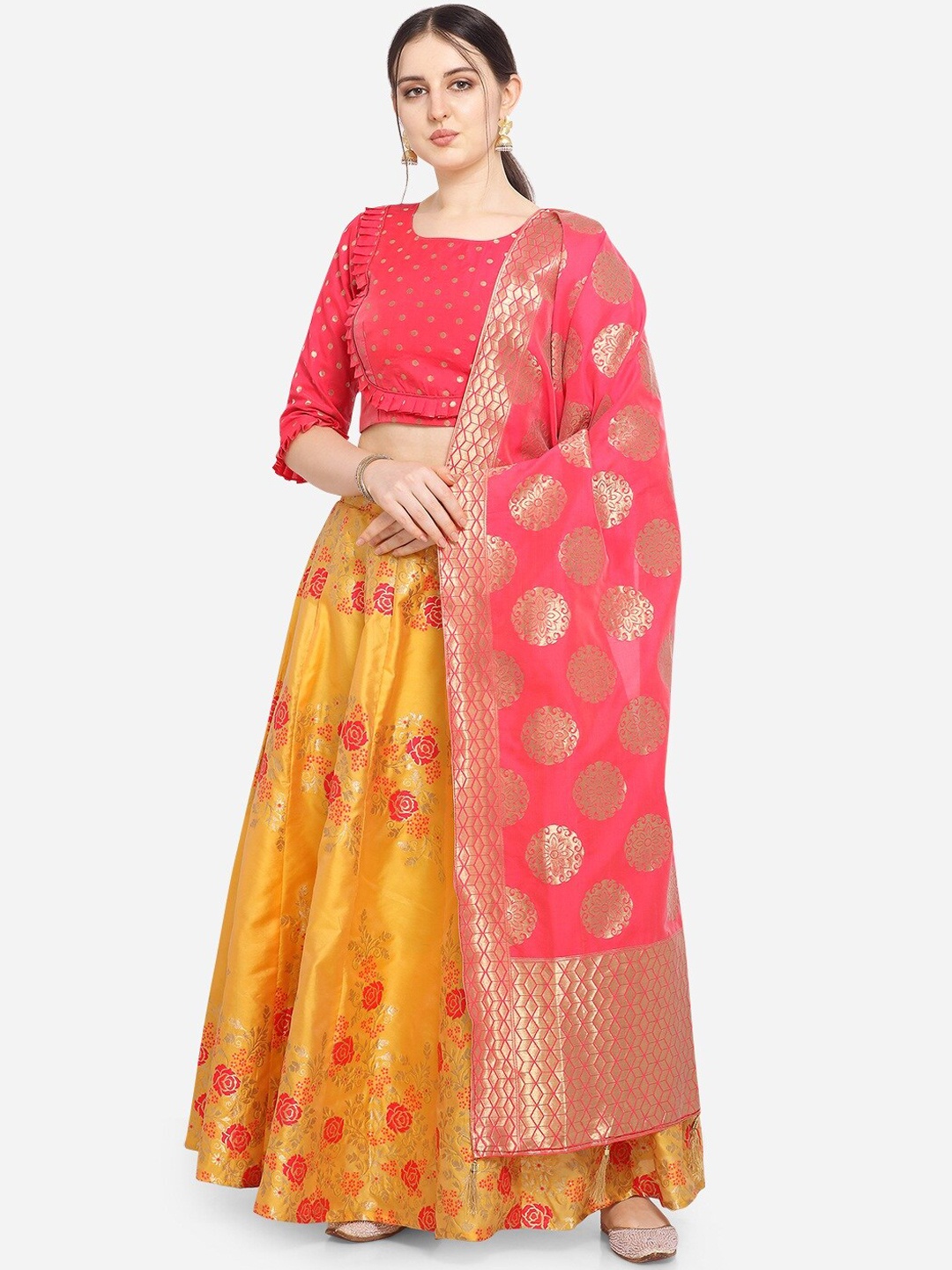 

PURVAJA Women Yellow & Orange Printed Semi-Stitched Lehenga & Unstitched Blouse with Dupatta