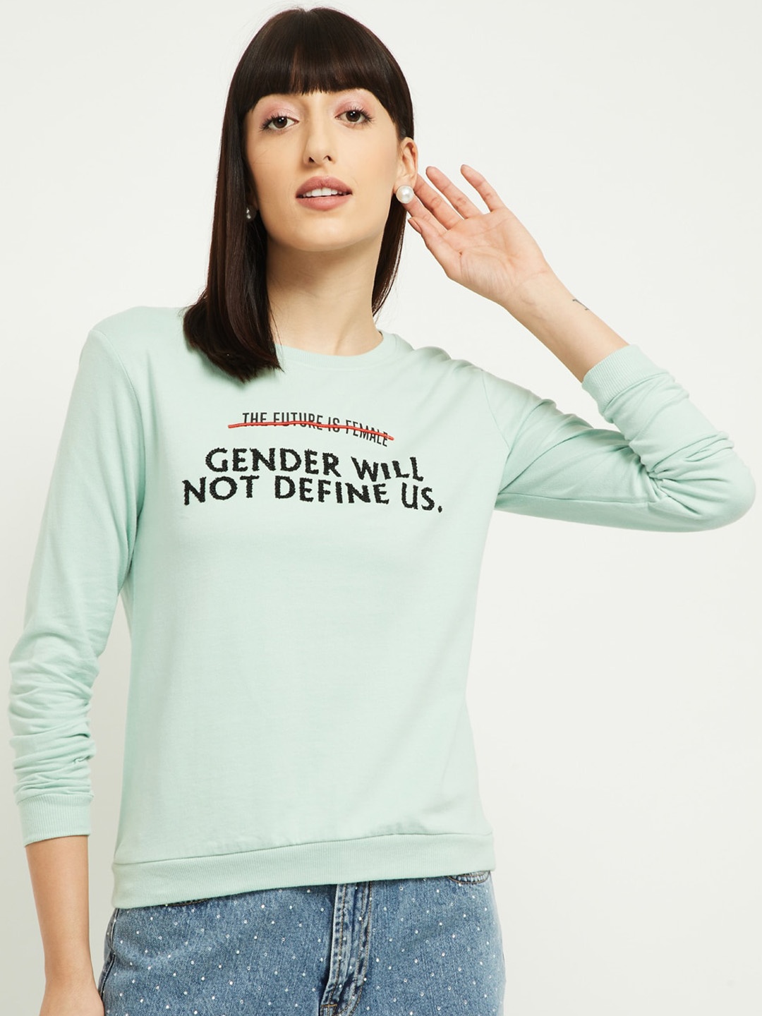 

max Women Green & Black Printed Pure Cotton Sweatshirt