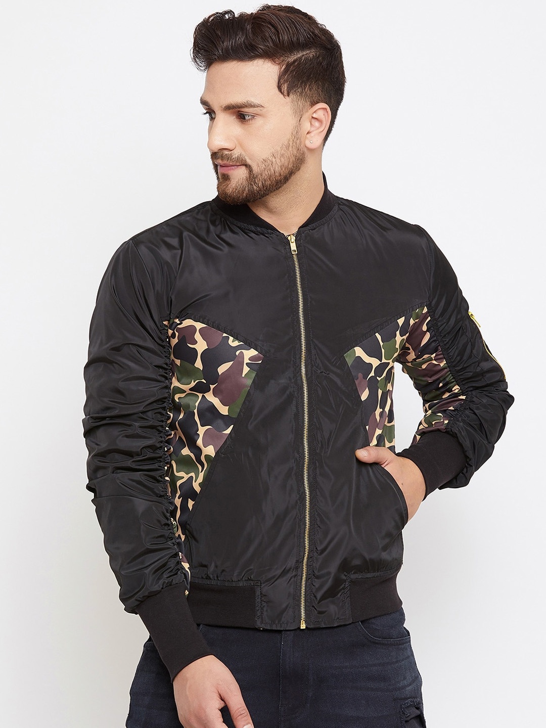 

FUGAZEE Men Black Camouflage Print Bomber Jacket
