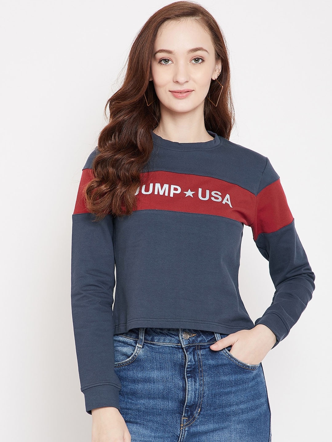 

JUMP USA Women Navy Blue & Red Printed Sweatshirt