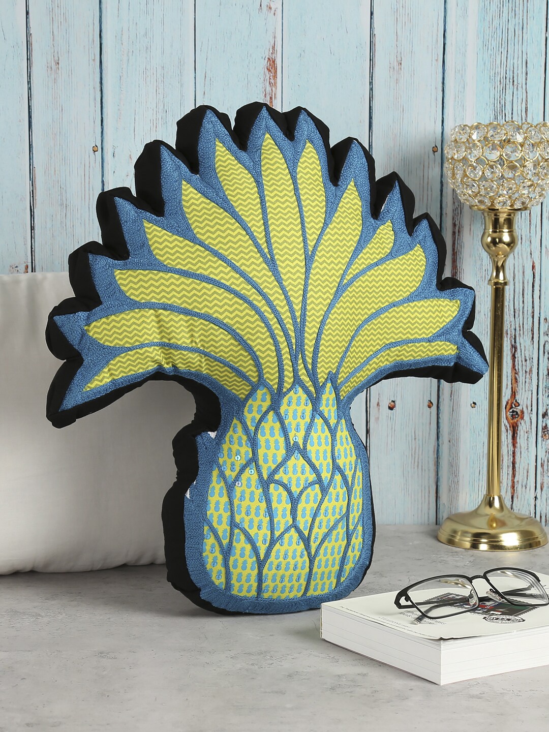 

India Circus by Krsnaa Mehta Yellow And Blue Embroidered 100% Organic Cotton Pineapple Sustainable Cushion Cover