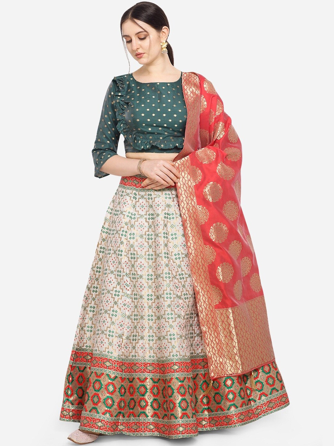 

PURVAJA Women White & Green Printed Semi-Stitched Lehenga & Unstitched Blouse with Dupatta