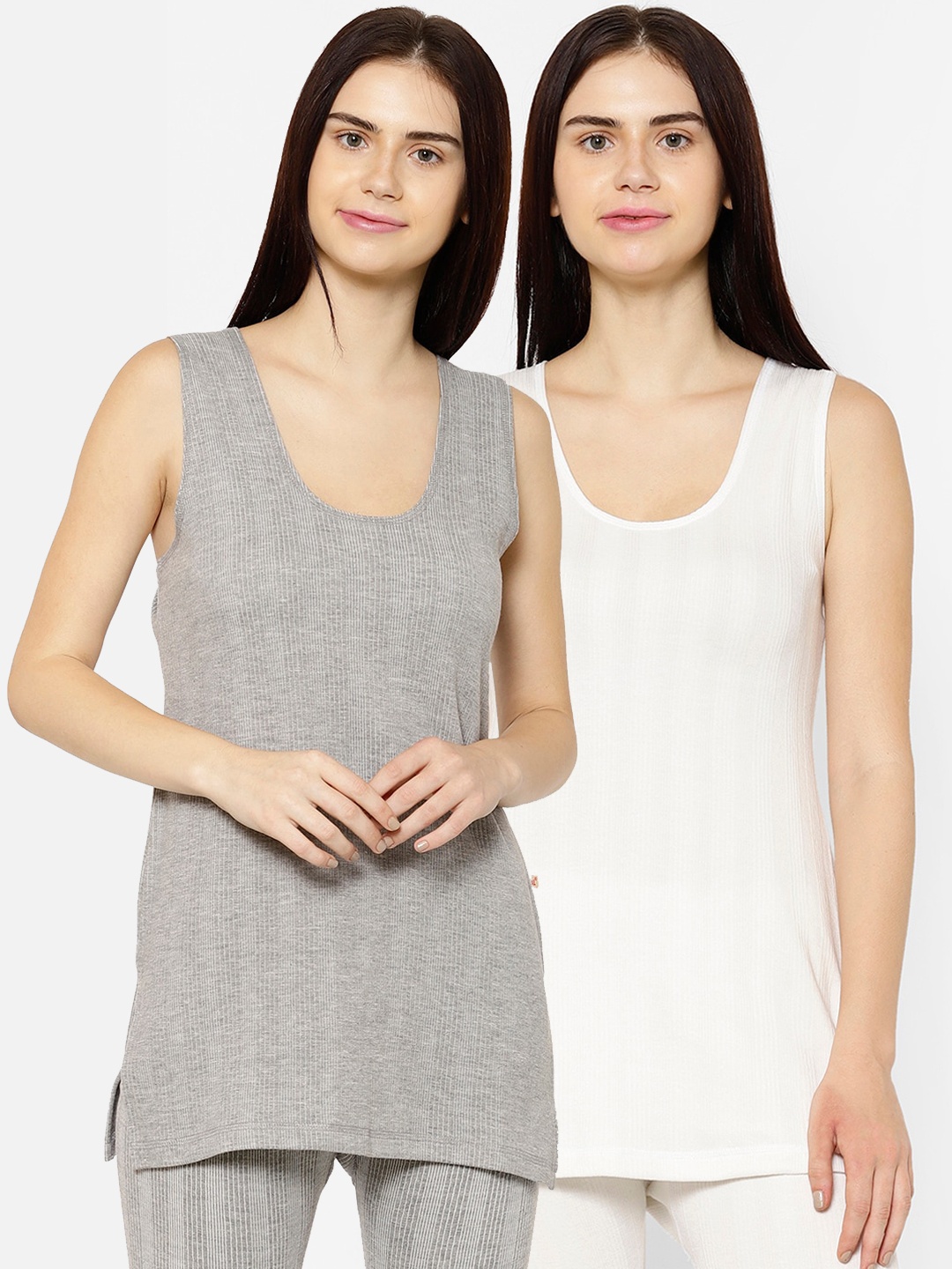VIMAL JONNEY Women Pack Of 2 Grey Striped Thermal Tops