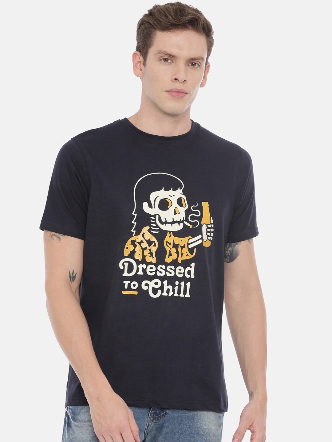 

Bushirt Men Navy Blue Printed Round Neck T-shirt