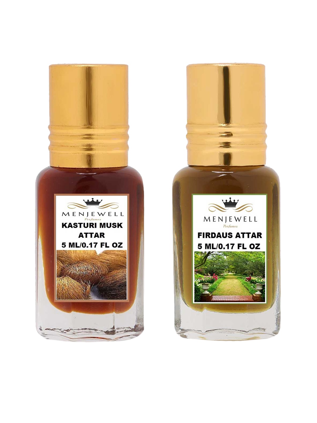 Menjewell Kasturi Musk & Firdaus Attar Perfume Each 5ml, Brown