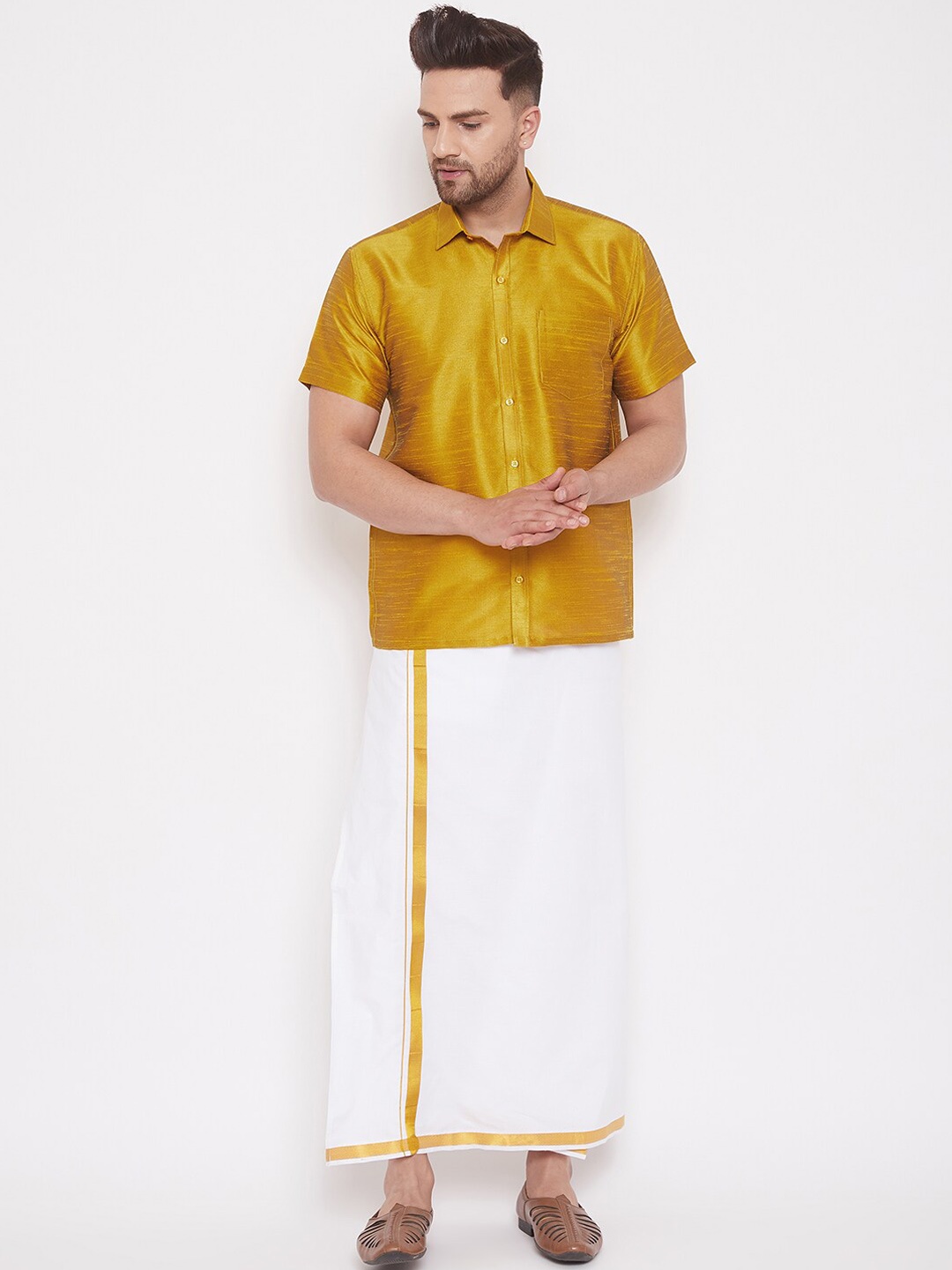 

VASTRAMAY Men Mustard Yellow & White Solid Shirt with Mundu
