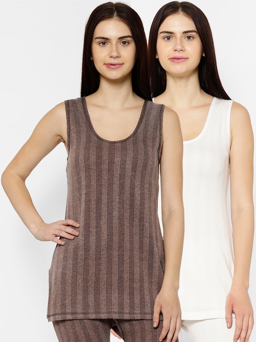 VIMAL JONNEY Women Pack Of 2 Striped Thermal Tops, White