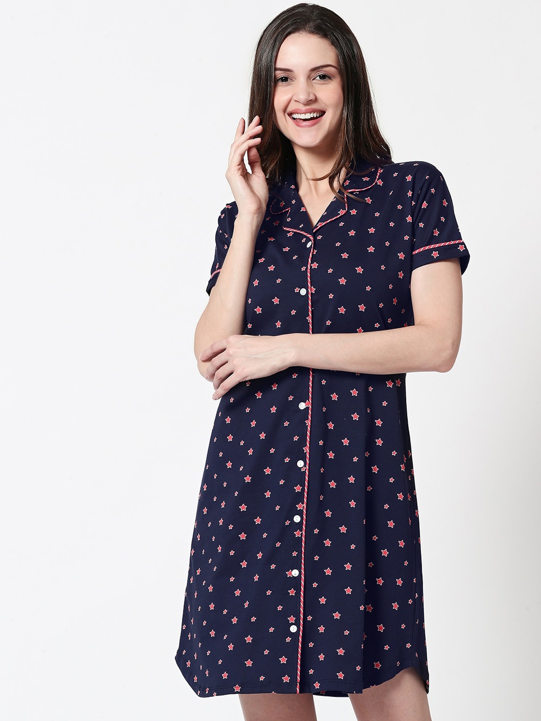 

Zeyo Women Navy Blue Star Printed Nightdress