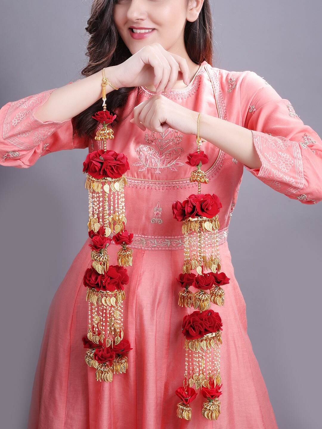 

Rubans Set Of 2 Gold-Plated Red Handcrafted Floral Bridal Layered Kaleera Set