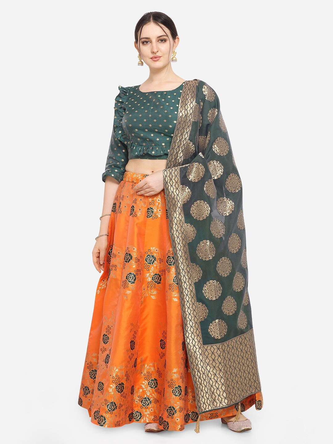 

PURVAJA Orange & Green Woven Design Semi-Stitched Lehenga & Unstitched Blouse with Dupatta